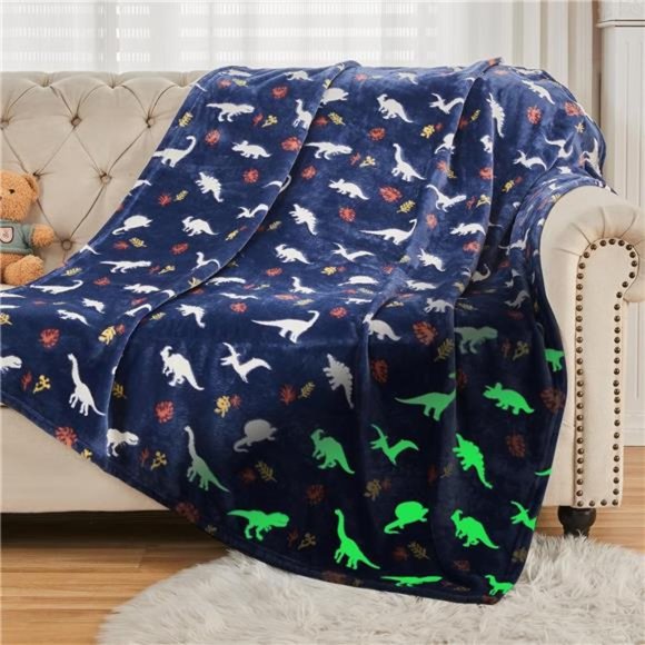 Glow in The Dark Throw Blanket 50x60 Inches,Jurassic Dinosaur Pattern Soft Cozy - Picture 1 of 6
